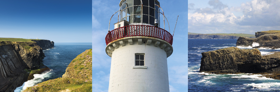 Triptychon von Loop Head in der Grafschaft Clare mit Klippen, Leuchtturm in der Nähe und von Wellen geplagte Küste.