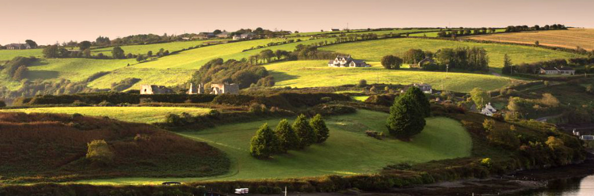 Glooiend groen landbouwgebied nabij Kinsale, met verspreide stenen ruïnes heggen en het vroege ochtendlicht over de velden.