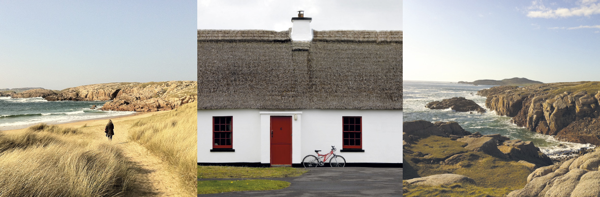 Triptychon von strohgedeckten Häusern in Donegal mit Strandspaziergang, strohgedecktem Haus und felsiger Küste.
