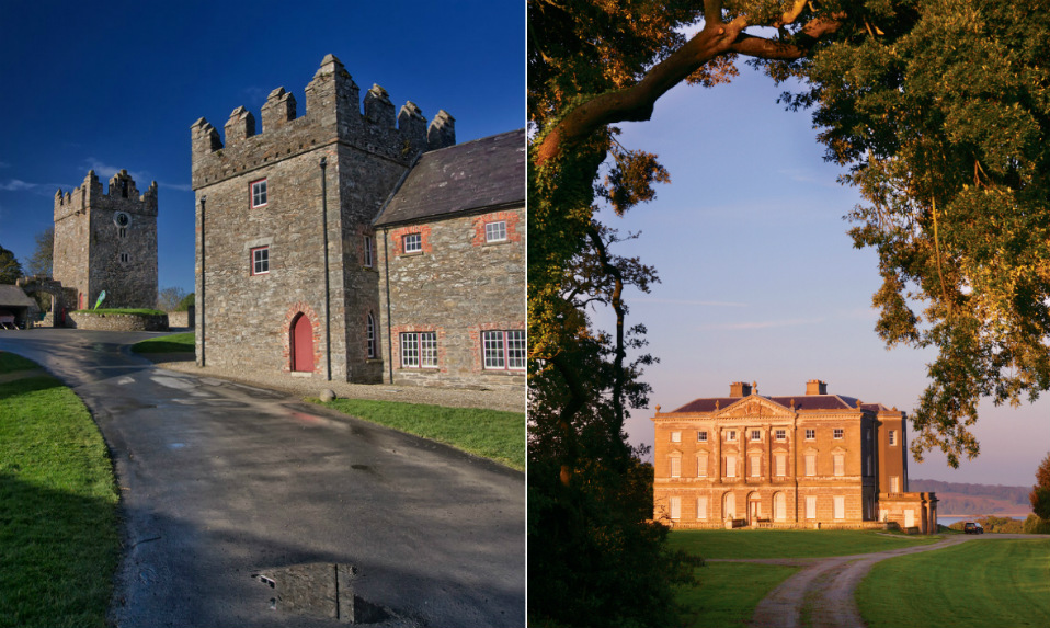 Left: Stone tower houses at Castle Ward estate under a blue sky. Right: Sunlit Georgian mansion framed by tall trees.
