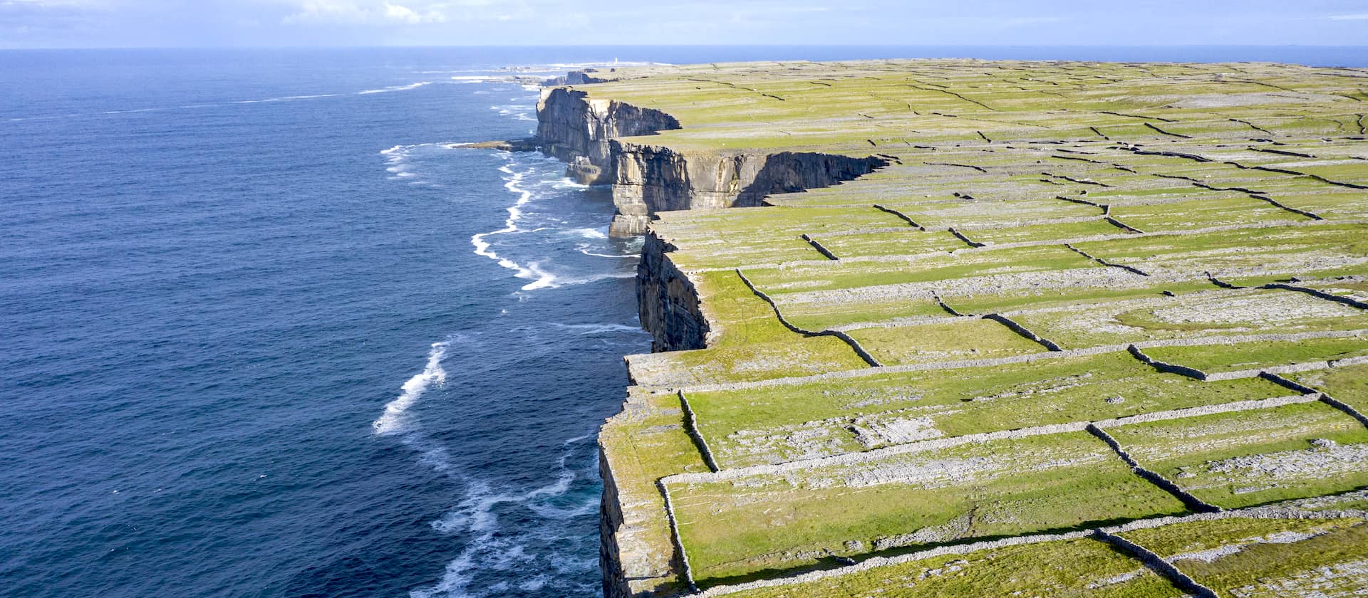 Cliffs and stone-walled fields on Inis Mór, Aran Islands, County Galway overlooking the Atlantic Ocean.
