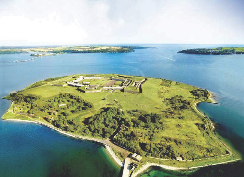 Aerial view of Spike Island fortress surrounded by Cork Harbour.
