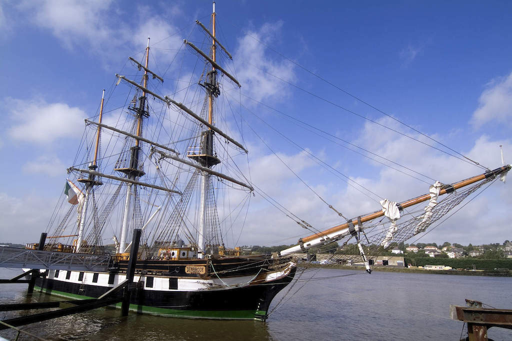 Dunbrody Famine Ship replica docked at the quay in New Ross, County Wexford.