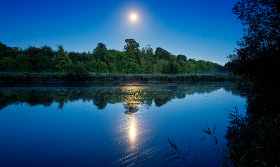 Pleine lune se reflétant sur la rivière Boyne en Irlande, entourée d'arbres au crépuscule.