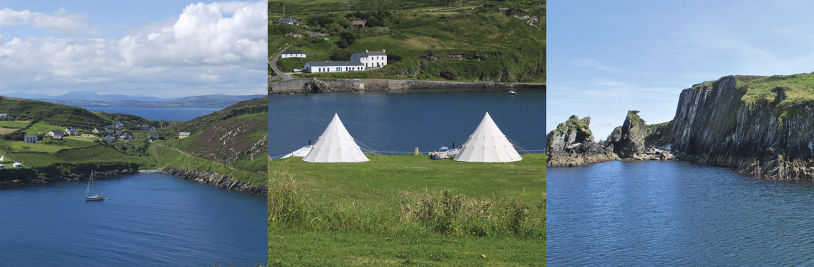 Triptychon von Cape Clear in der Grafschaft Cork mit Glamping-Zelten, Blick auf den Hafen und dramatischen Küstenklippen.