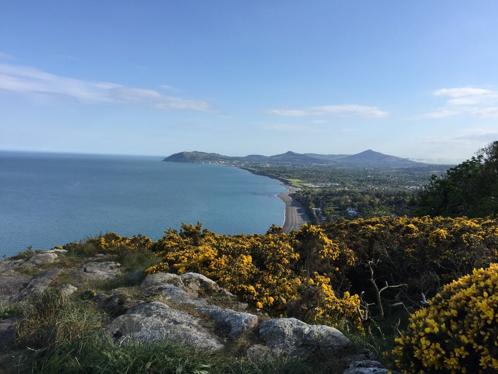 Blick vom Howth Head, Grafschaft Dublin, mit Blick auf die mit Ginster bedeckten Hügel und die weitläufige Küste der Dublin Bay.