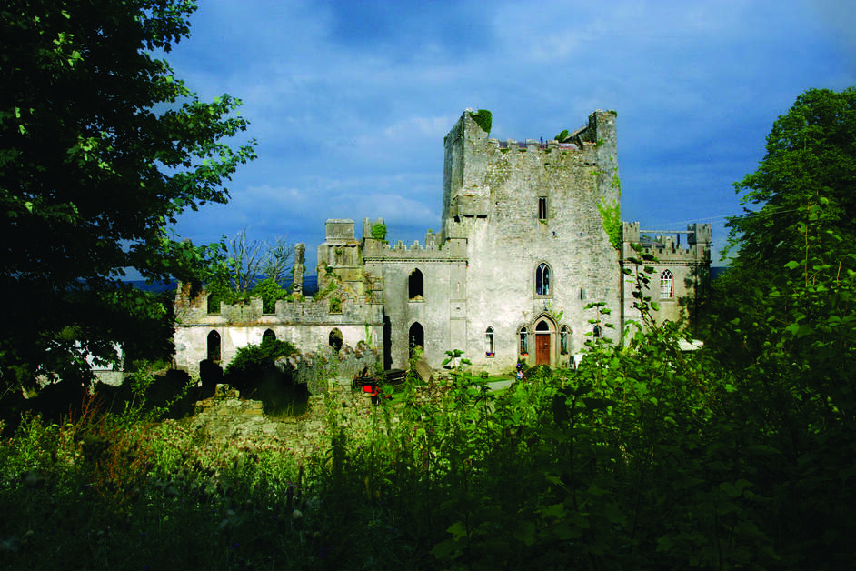 Les vestiges du château de Leap dans le comté d'Offaly, en partie couverts de lierre sous un ciel nuageux.