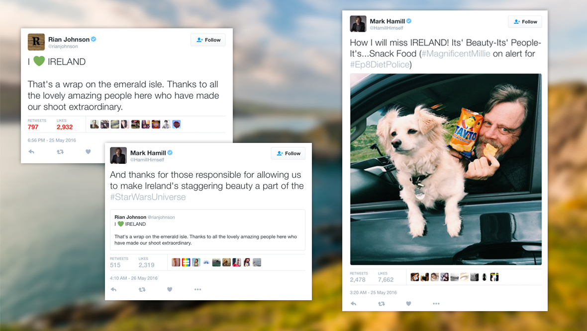 Collage of tweets and photos from Rian Johnson and Mark Hamill thanking Ireland during Star Wars filming.