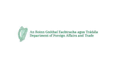 Logo of Ireland’s Department of Foreign Affairs with harp emblem and bilingual text in green.