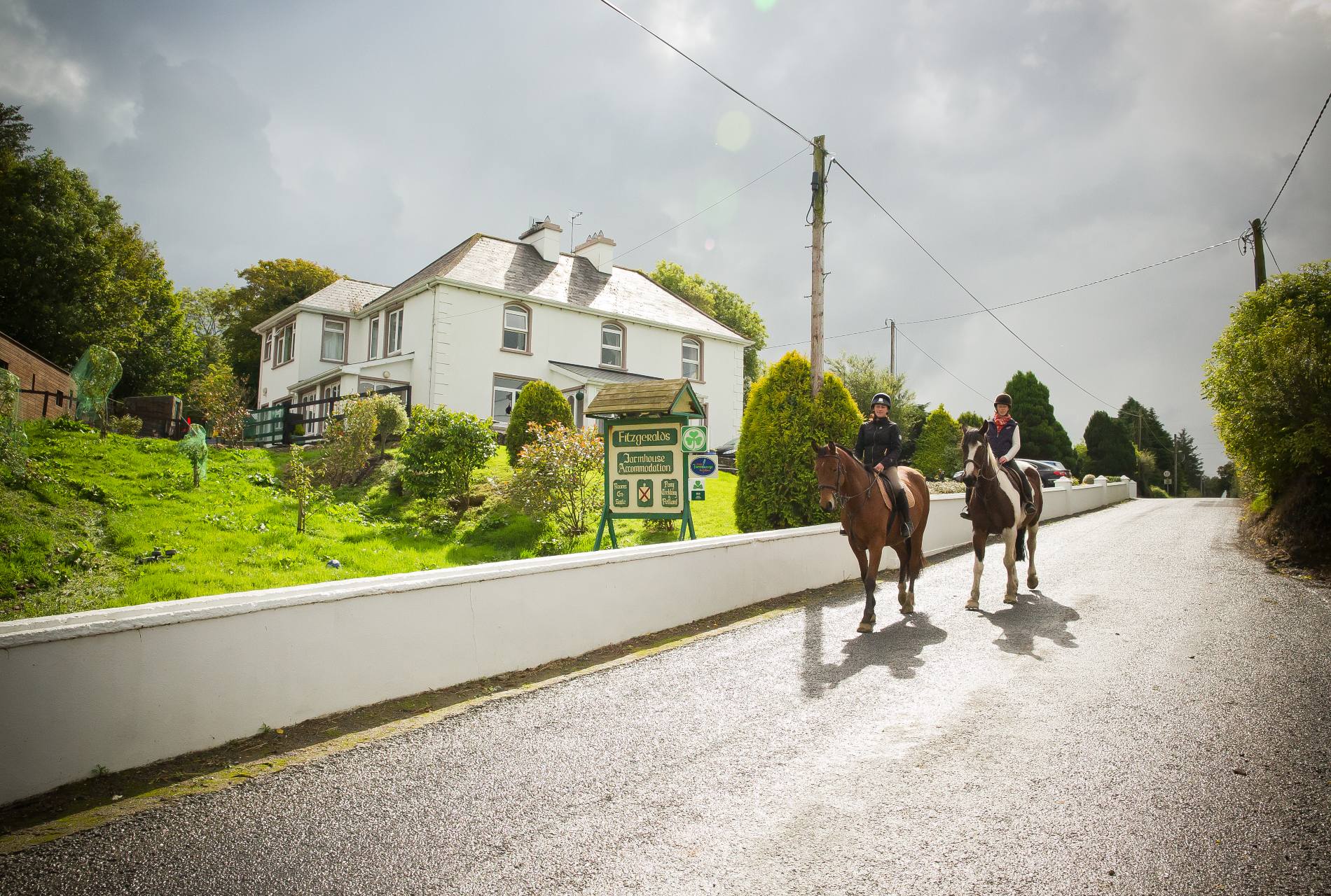 Deux cavaliers casqués passent à cheval devant le panneau d'hébergement Fitzgerald's B&B dans le comté de Limerick.