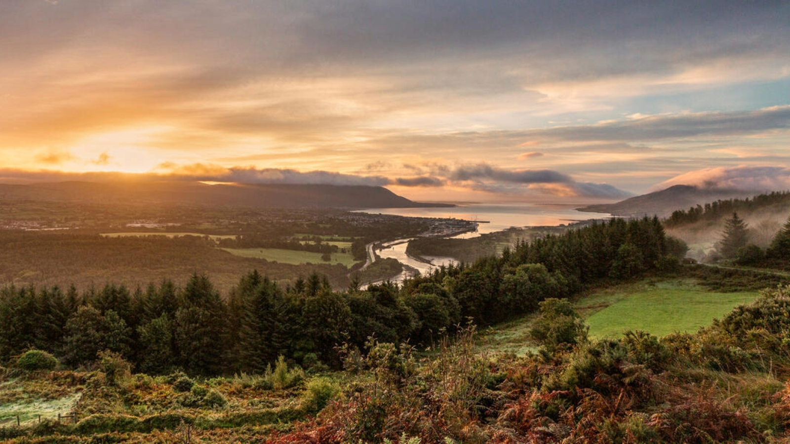 Sunrise view from Flagstaff Viewpoint over Carlingford Lough, with forest, hills and Newry in County Down.