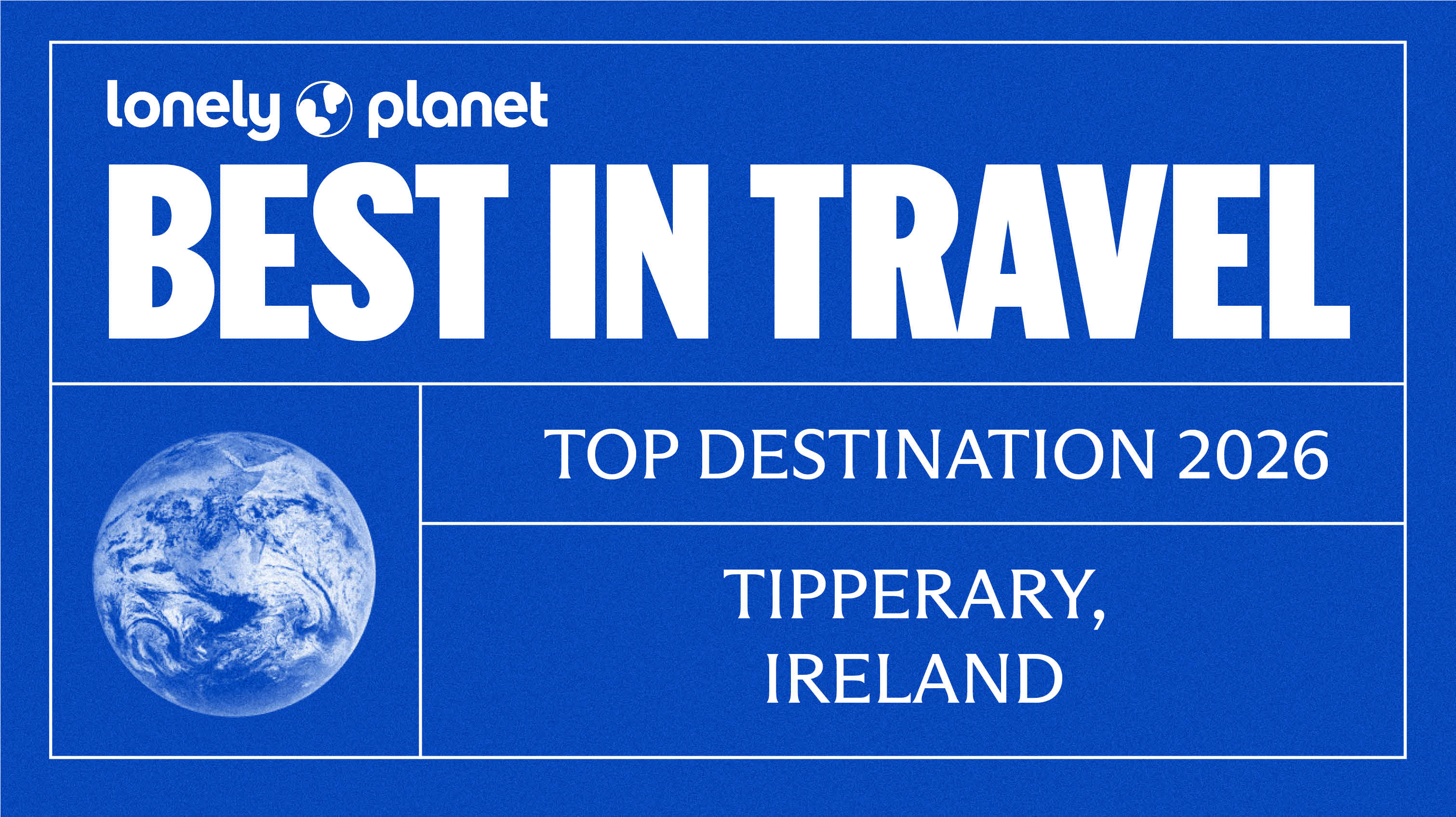 Blue and white Lonely Planet Best in Travel 2026 graphic naming Tipperary, Ireland, as a top destination.