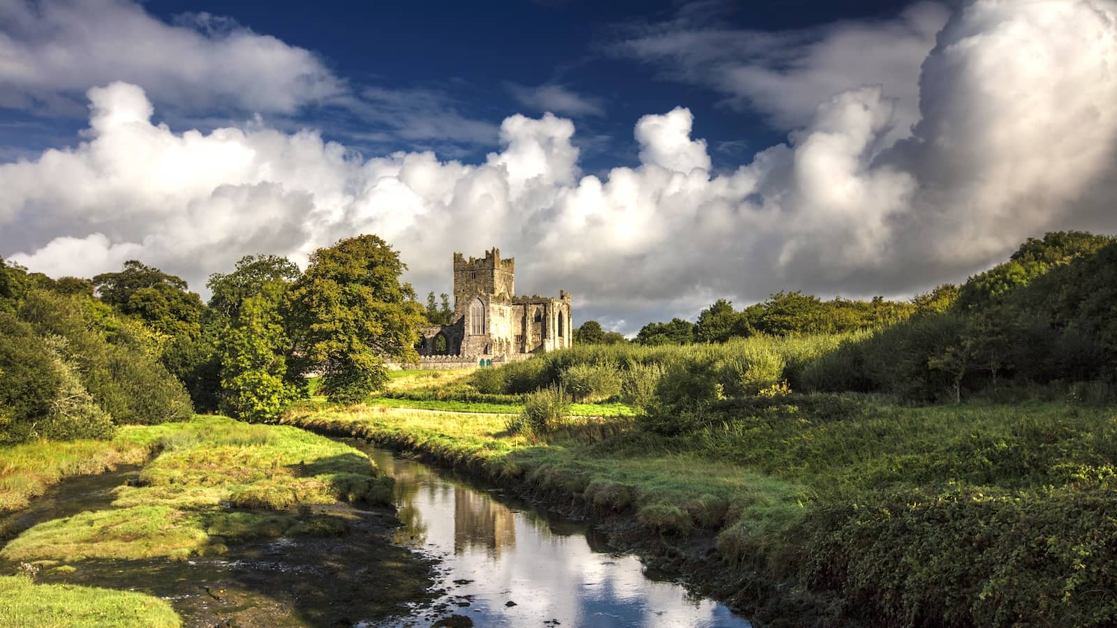 Tintern Abbey reflected in a tranquil stream amid the countryside of County Wexford.