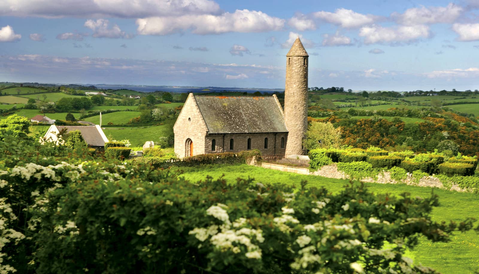 Steinerne Kirche mit einem runden Turm, umgeben von Hecken und Wildblumen in der grünen Landschaft der Grafschaft Down.
