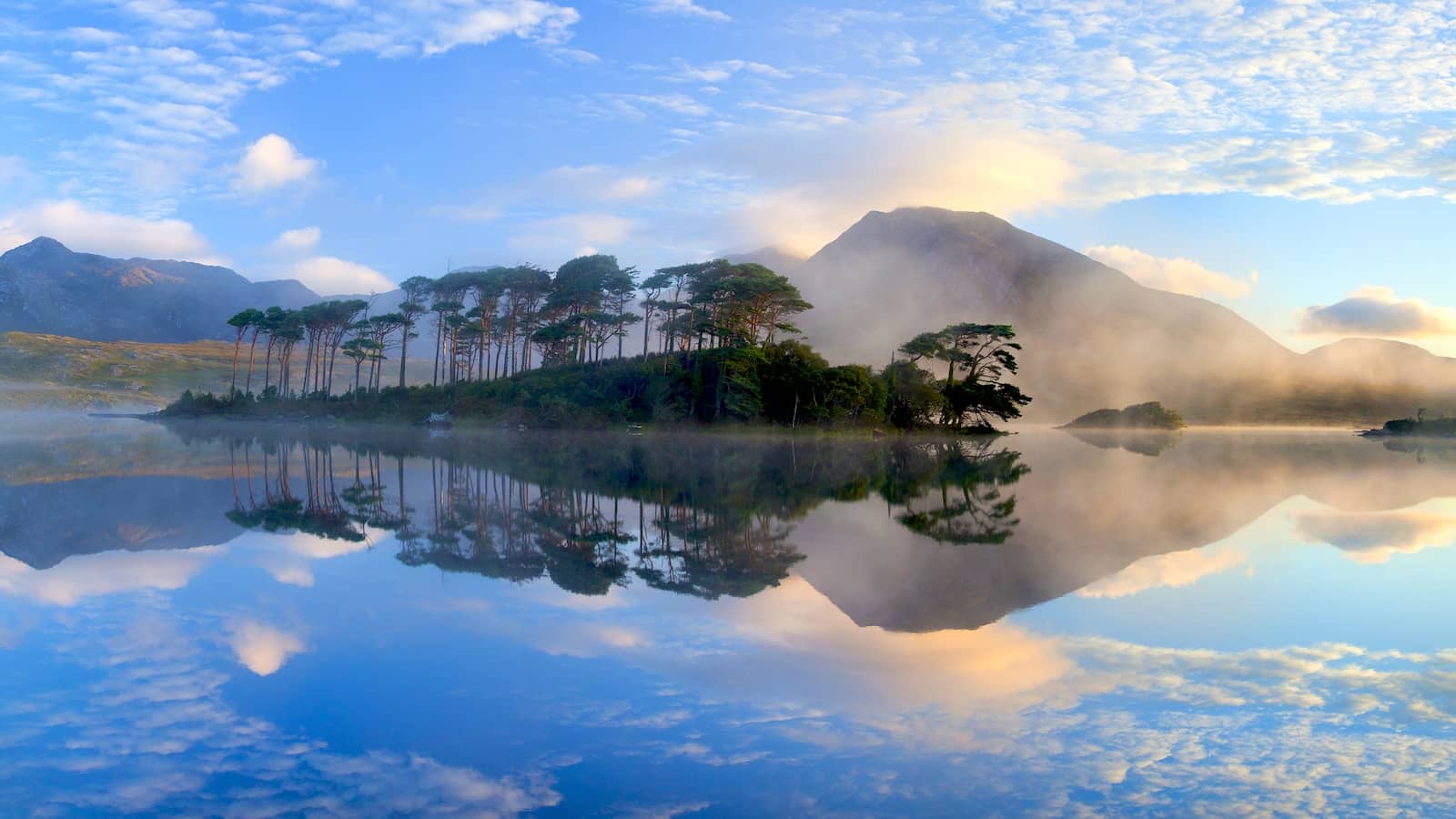 Still morning reflection of pine trees and misty Twelve Bens mountains at Derryclare Lough, County Galway.