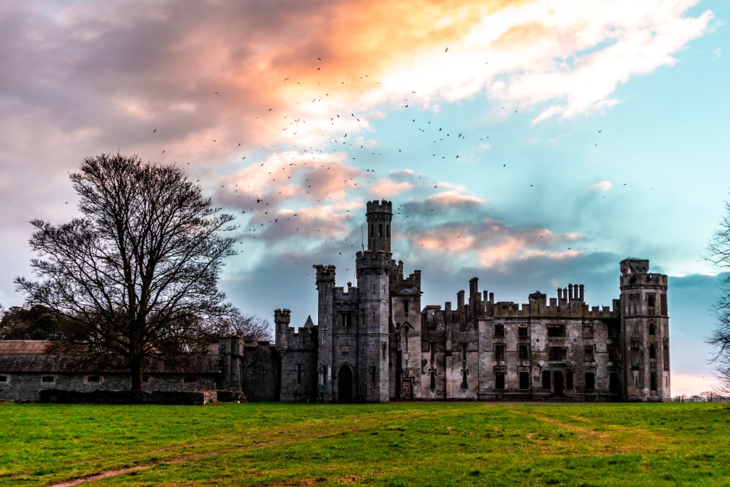 Ruins of Duckett’s Grove Gothic Revival mansion under a dramatic sunset sky with a silhouetted tree in Carlow.