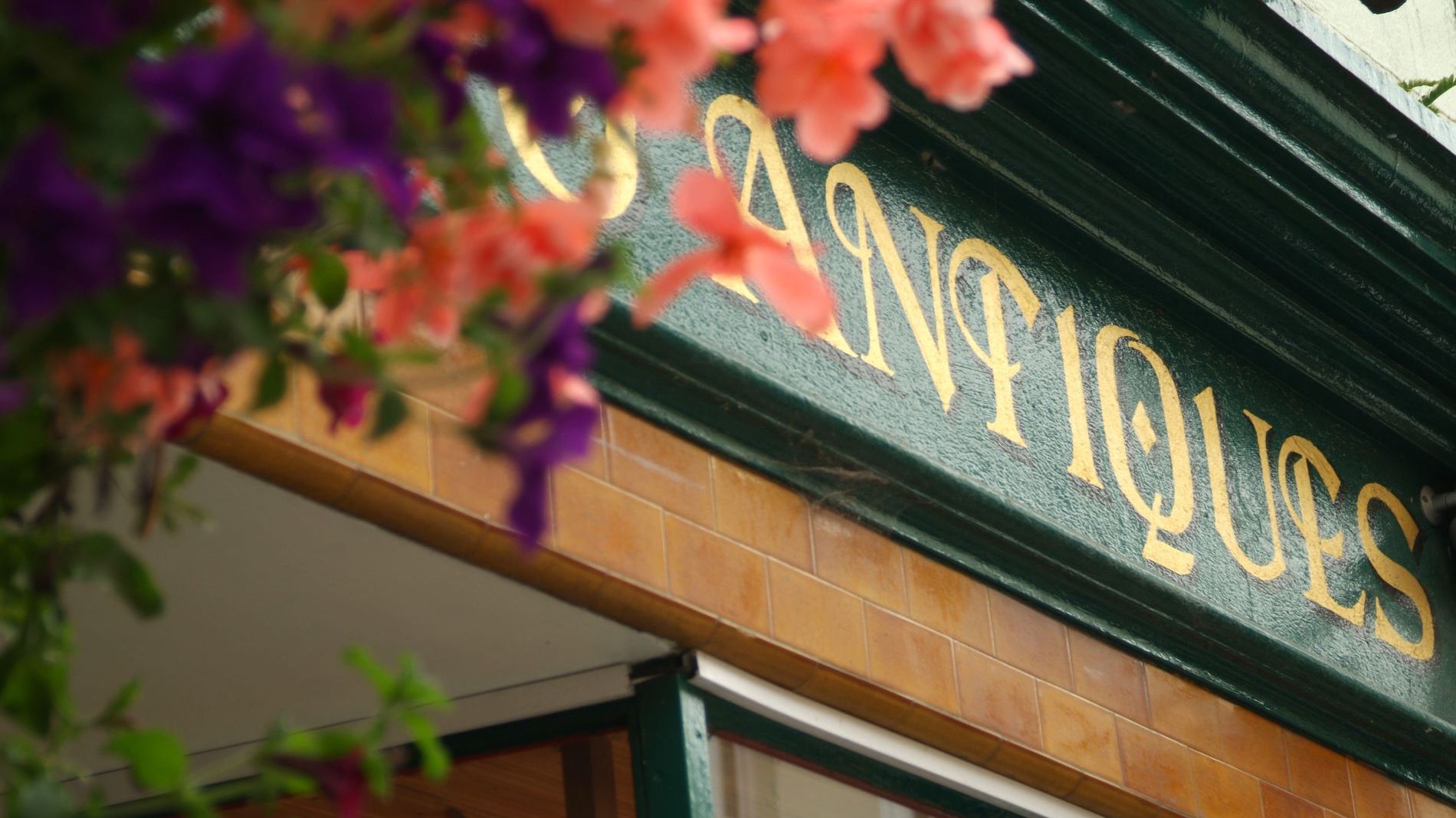 Een met goudkleurige letters geschreven etalagebord van een antiekwinkel, omlijst door felgekleurde hangende bloemen in Dublin.