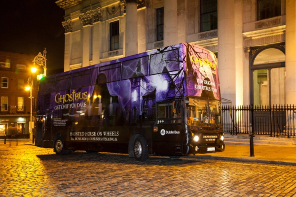 A purple bus in the street