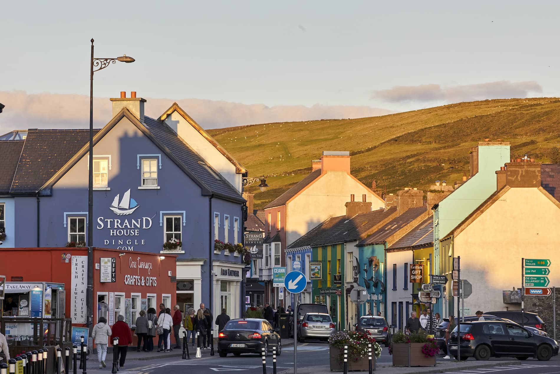 Colourful shops and traditional streets in Dingle town on the Dingle Peninsula, County Kerry.