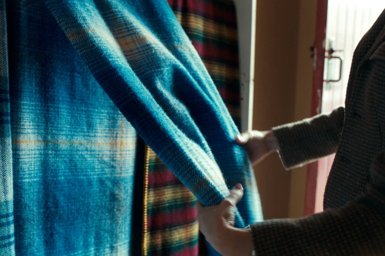 Traditional Irish woollen blanket being displayed in a craft shop in County Kerry.