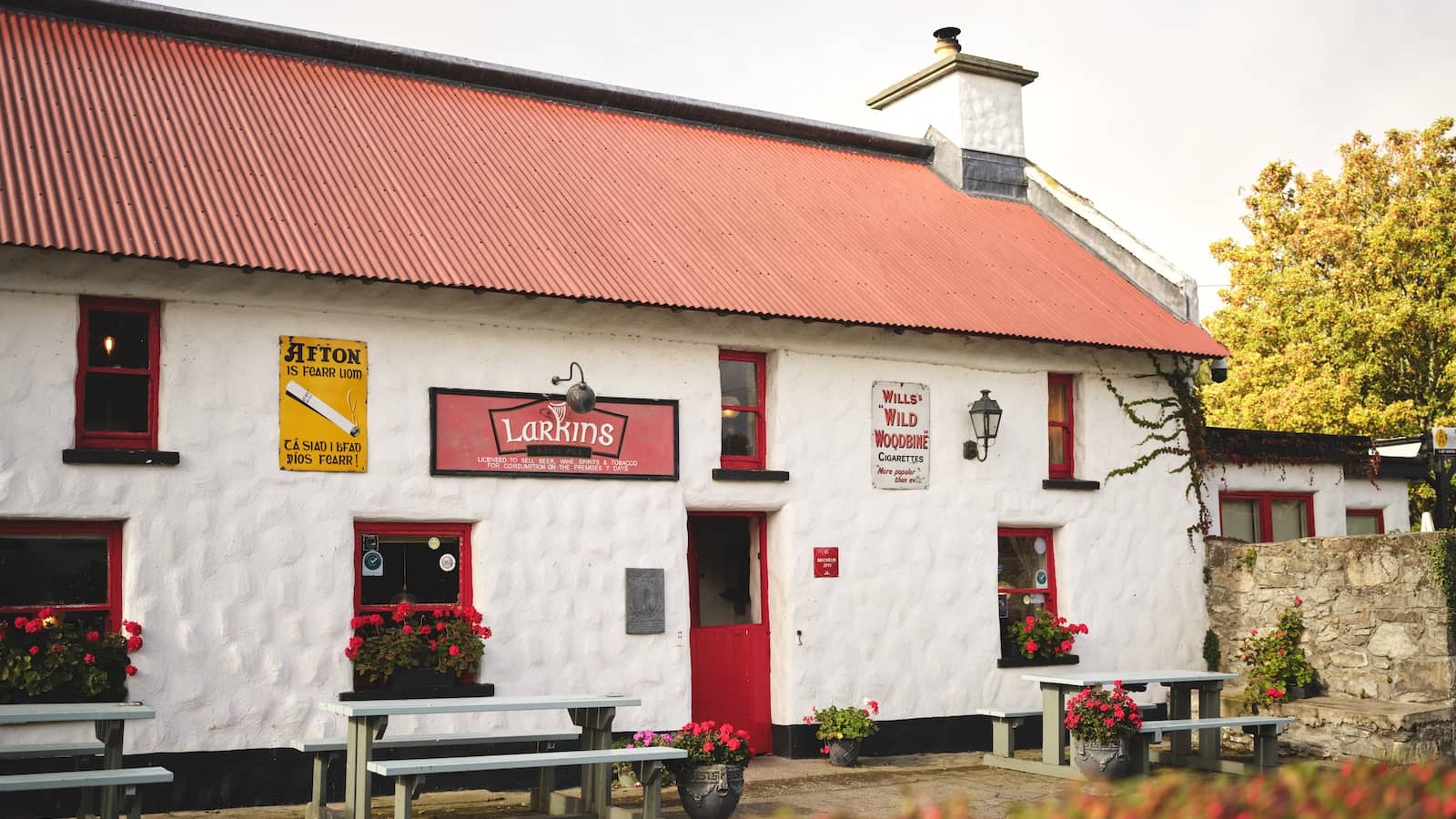Larkin’s traditional whitewashed pub in County Tipperary with red roof, flower boxes and outdoor benches.