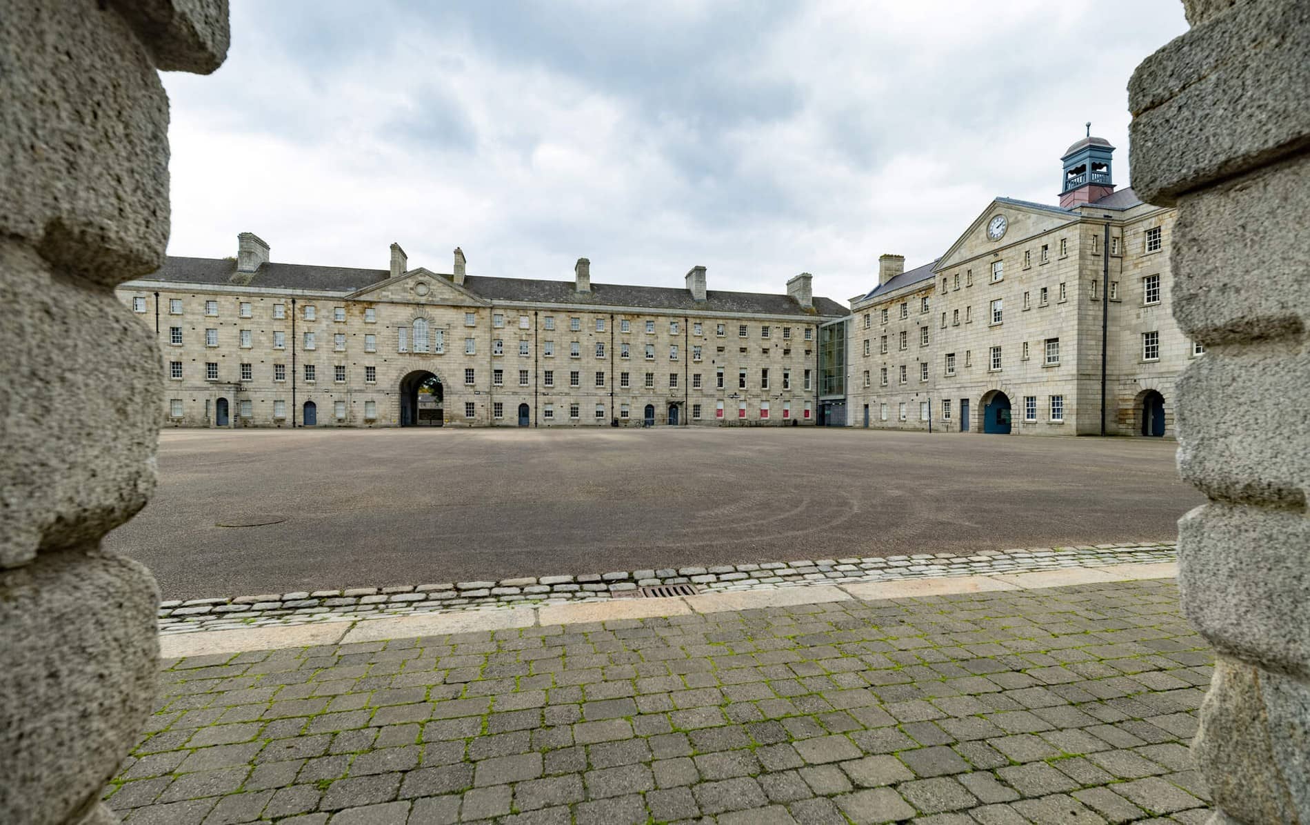 Exterior courtyard of Collins Barracks, home to the National Museum of Decorative Arts and History in Dublin.