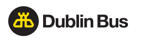 Het logo van Dublin Bus met een geel bussymbool in een zwarte cirkel met tekst op een witte achtergrond.