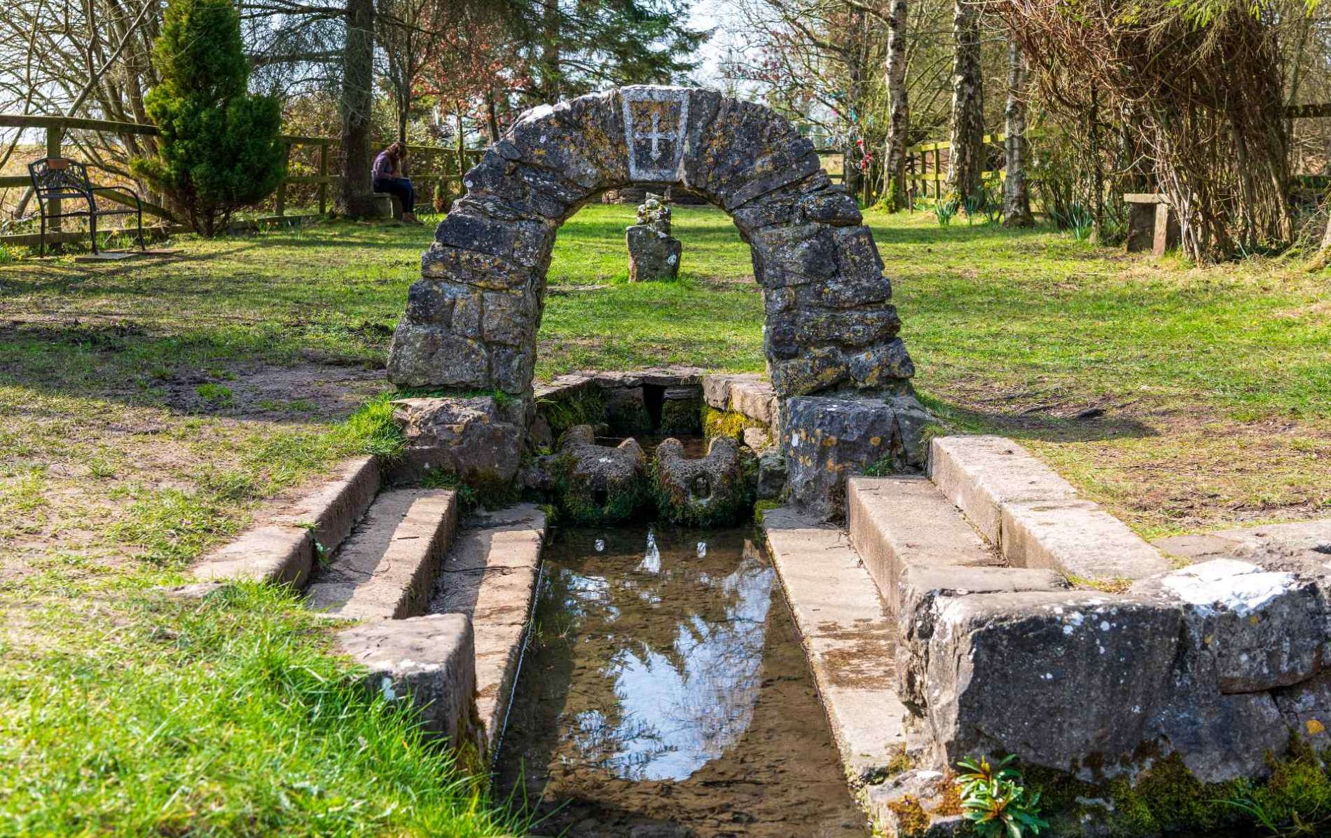 Stone steps lead to St Brigid’s Holy Well in Kildare, framed by an arch and green foliage.