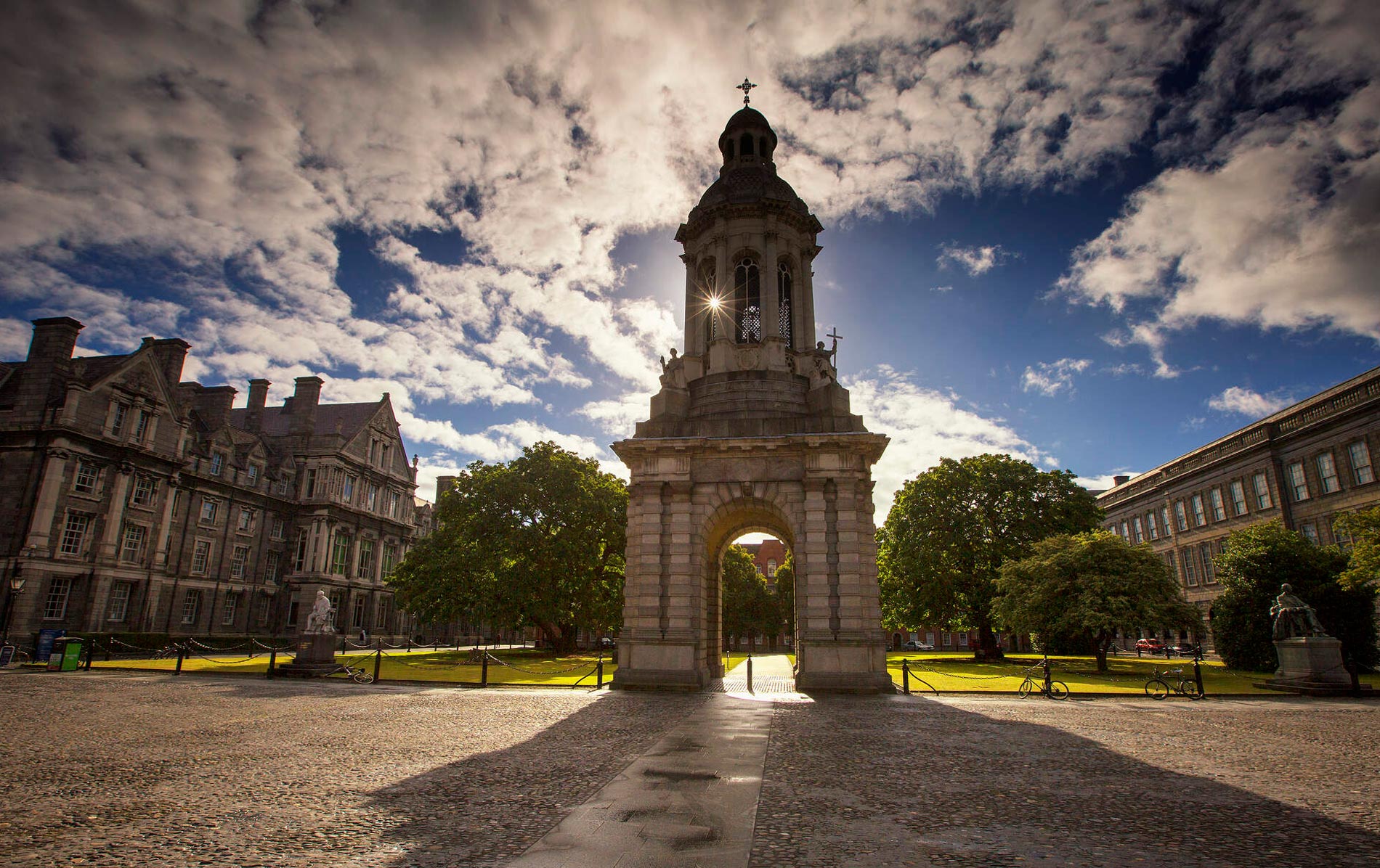 Campanile at Trinity College Dublin under a dramatic sky, Ireland.
