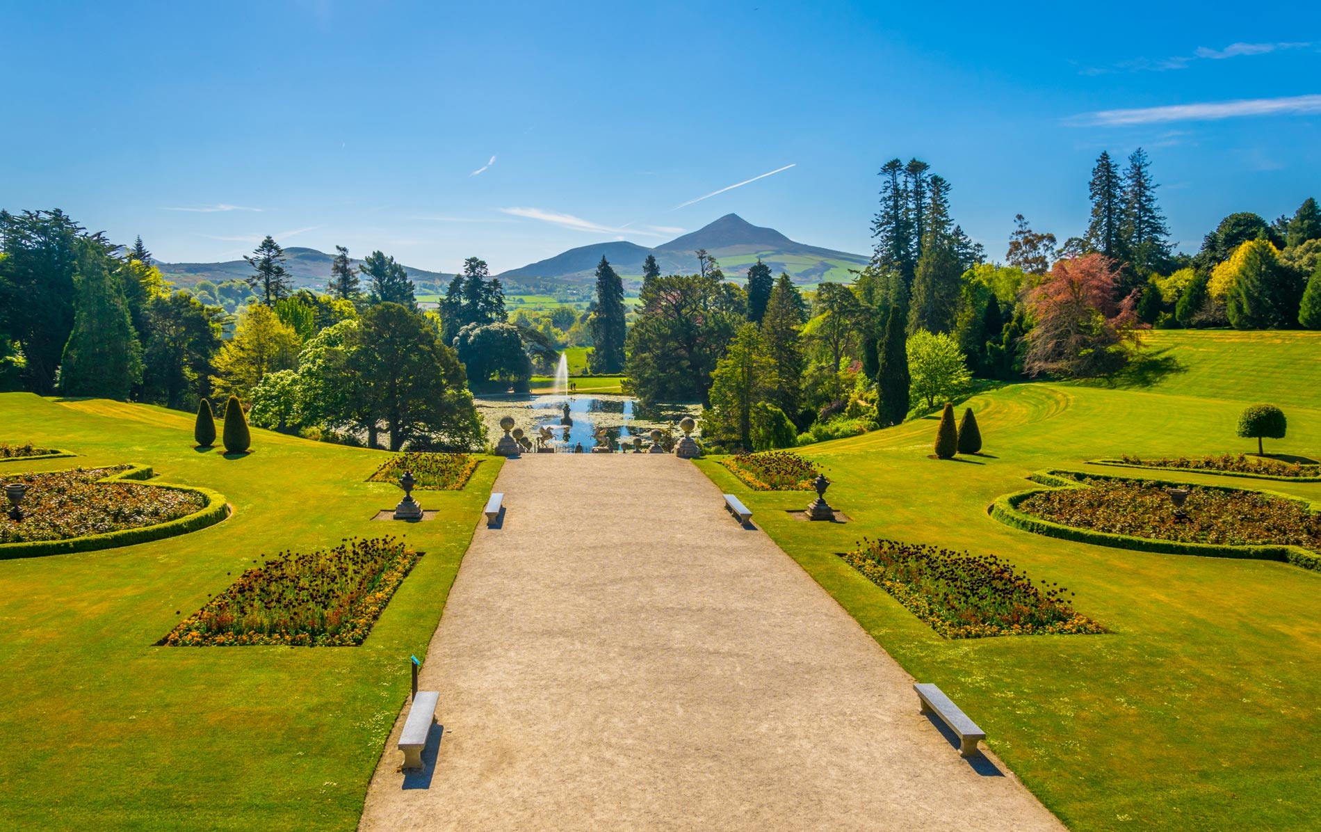 Formal gardens at Powerscourt Estate with Sugarloaf Mountain view, County Wicklow.
