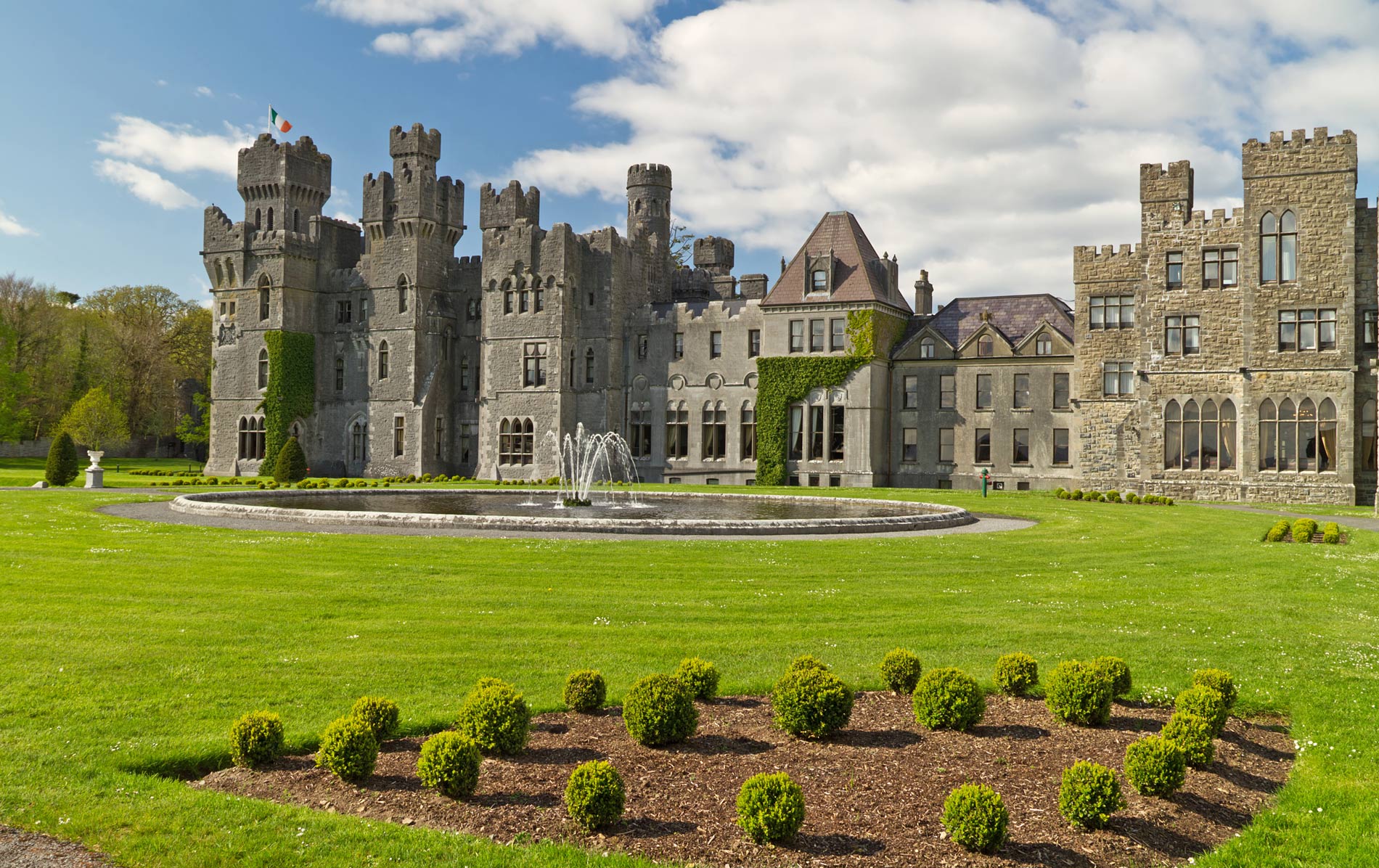 Fountain and formal lawns in front of Ashford Castle in Cong, County Mayo.