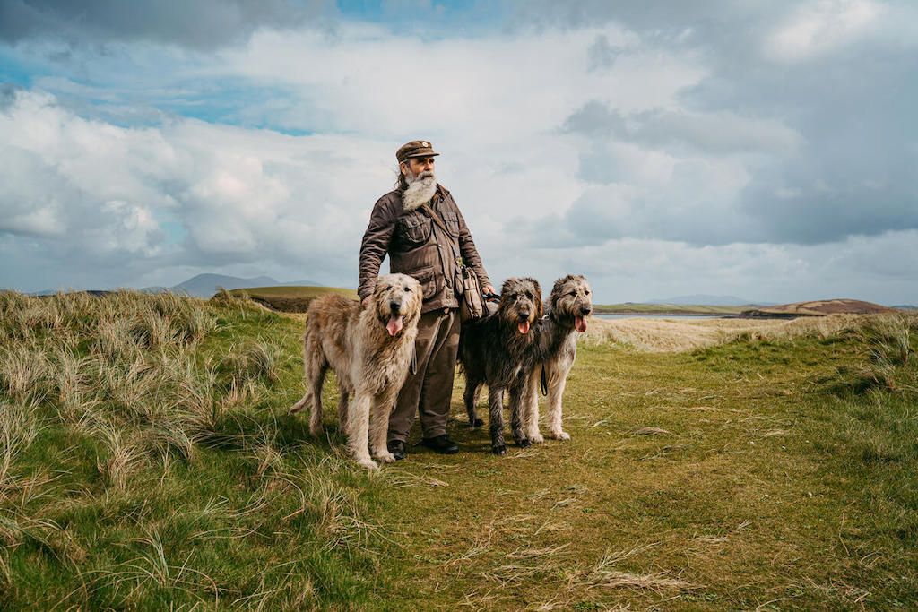 Man with three Irish wolfhounds on open grassland near Westport, County Mayo, beneath a dramatic cloudy sky.