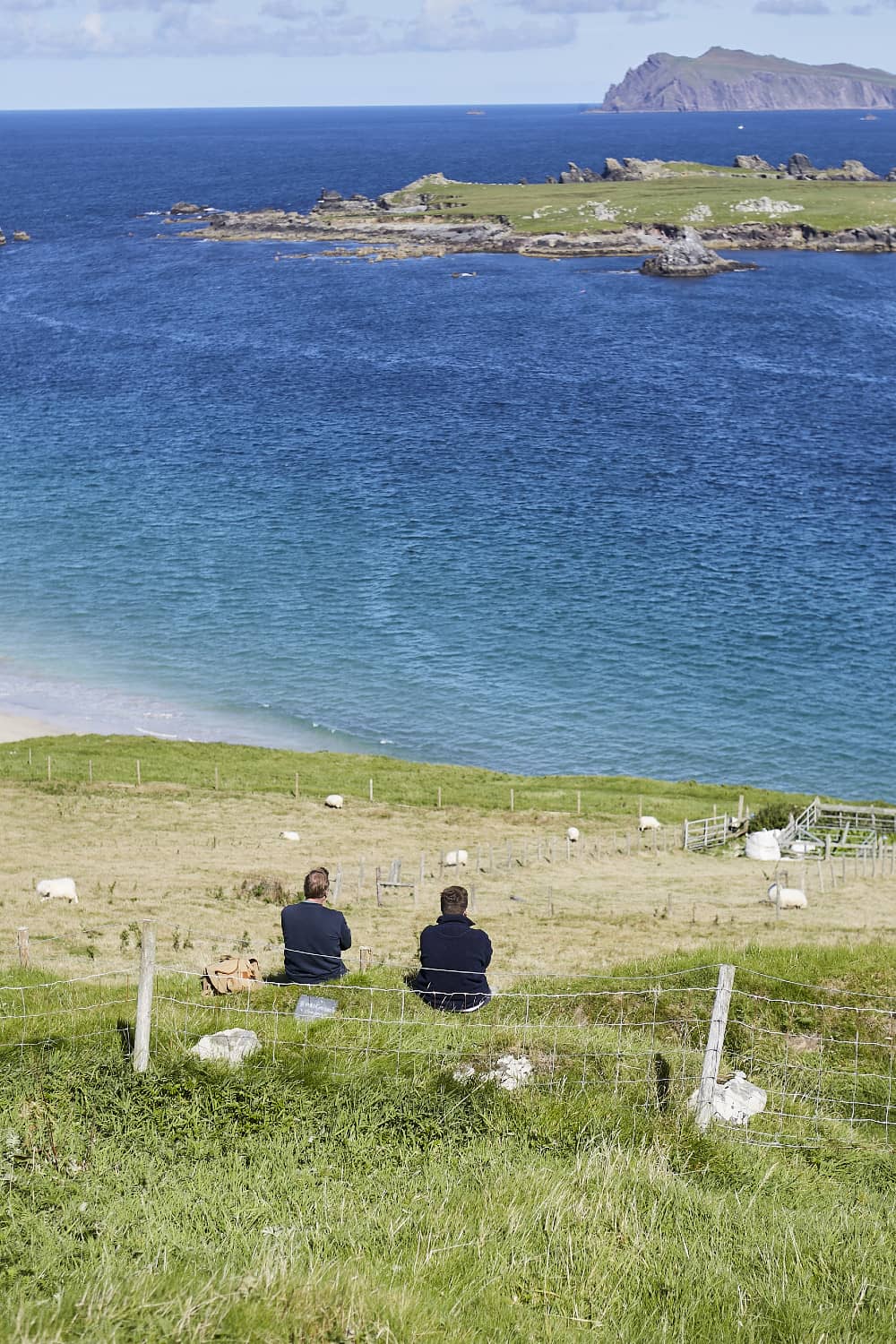 Dos personas sentadas en una colina con vistas a campos salpicados de ovejas y aguas cristalinas frente a la costa de las Islas Blasket.