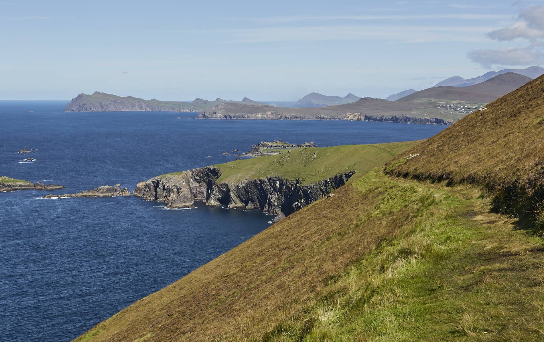 Ruta costera a lo largo de la Gran Isla Blasket con vistas hacia la península de Kerry y acantilados que se encuentran con el Océano Atlántico.