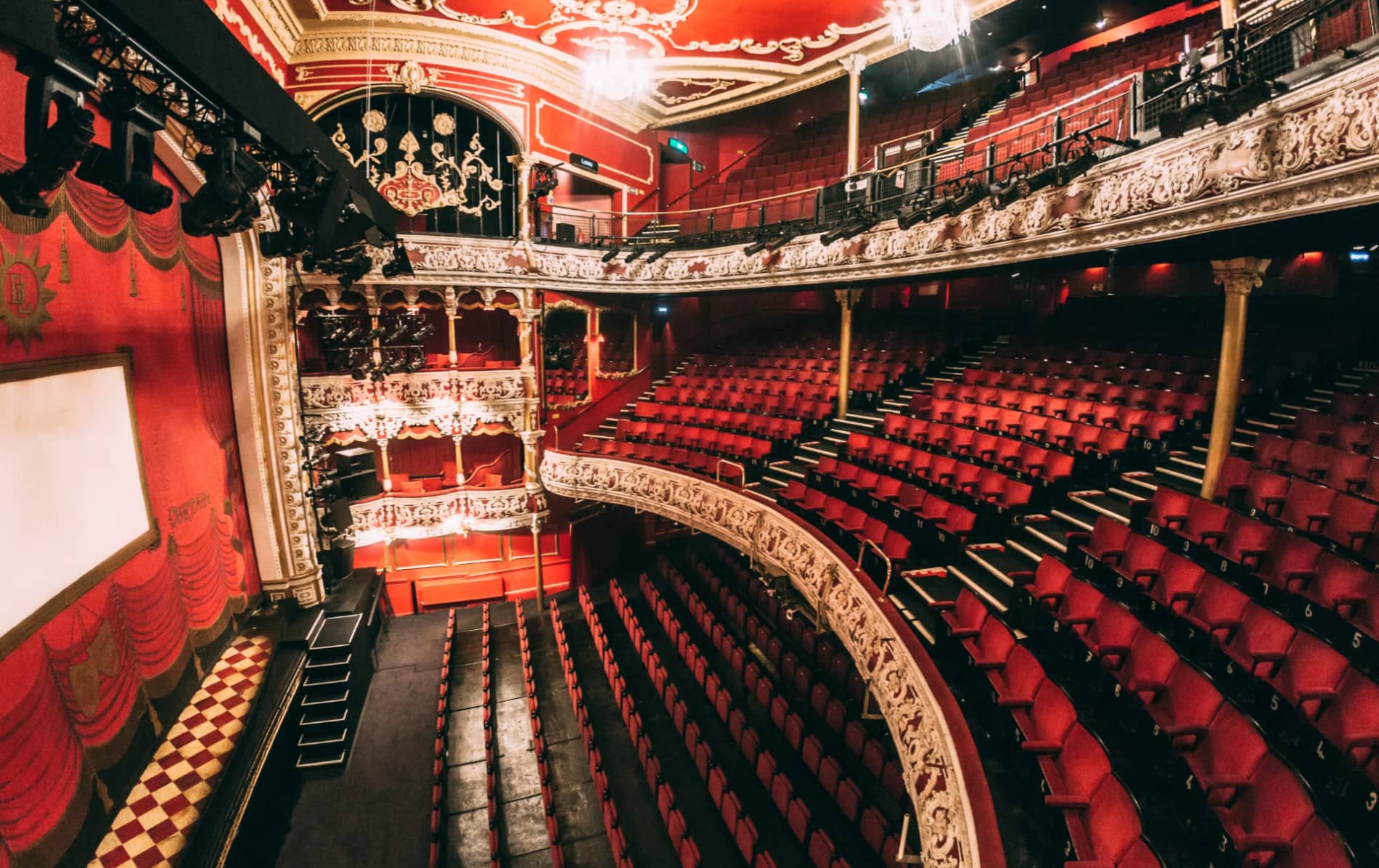 Red and gold interior of the Olympia Theatre with ornate balconies in Dublin city.