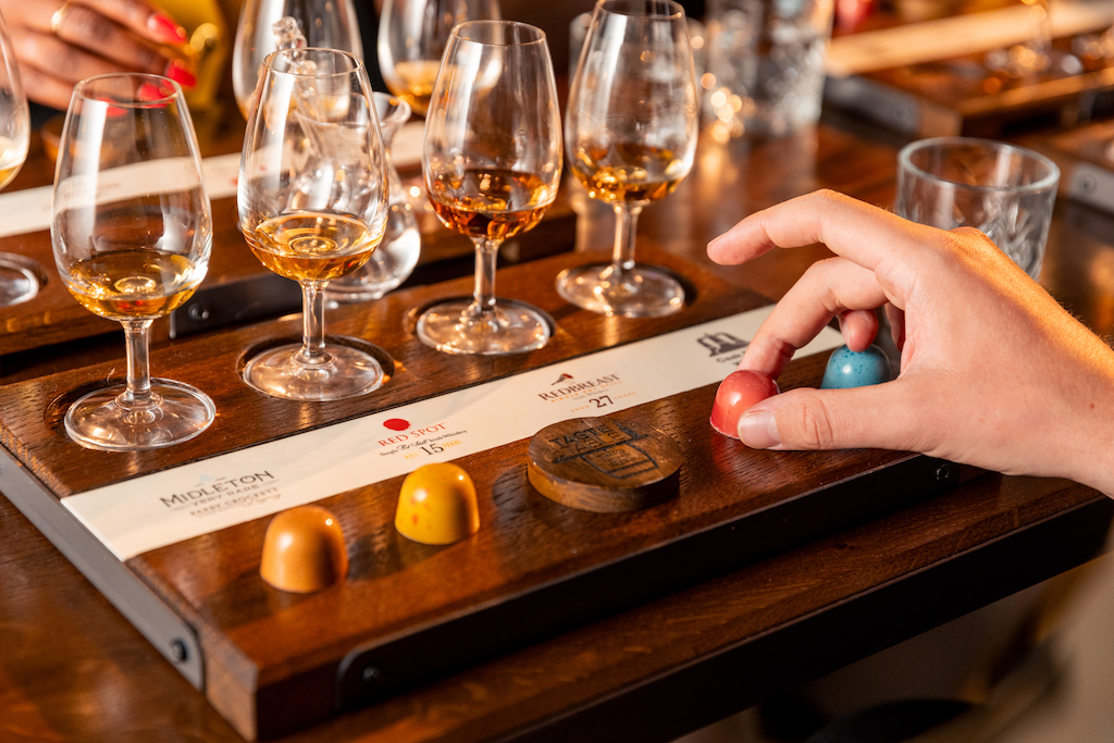 Whiskey tasting flight with glasses of Midleton Distillery whiskeys at the Midleton Distillery Experience, County Cork.