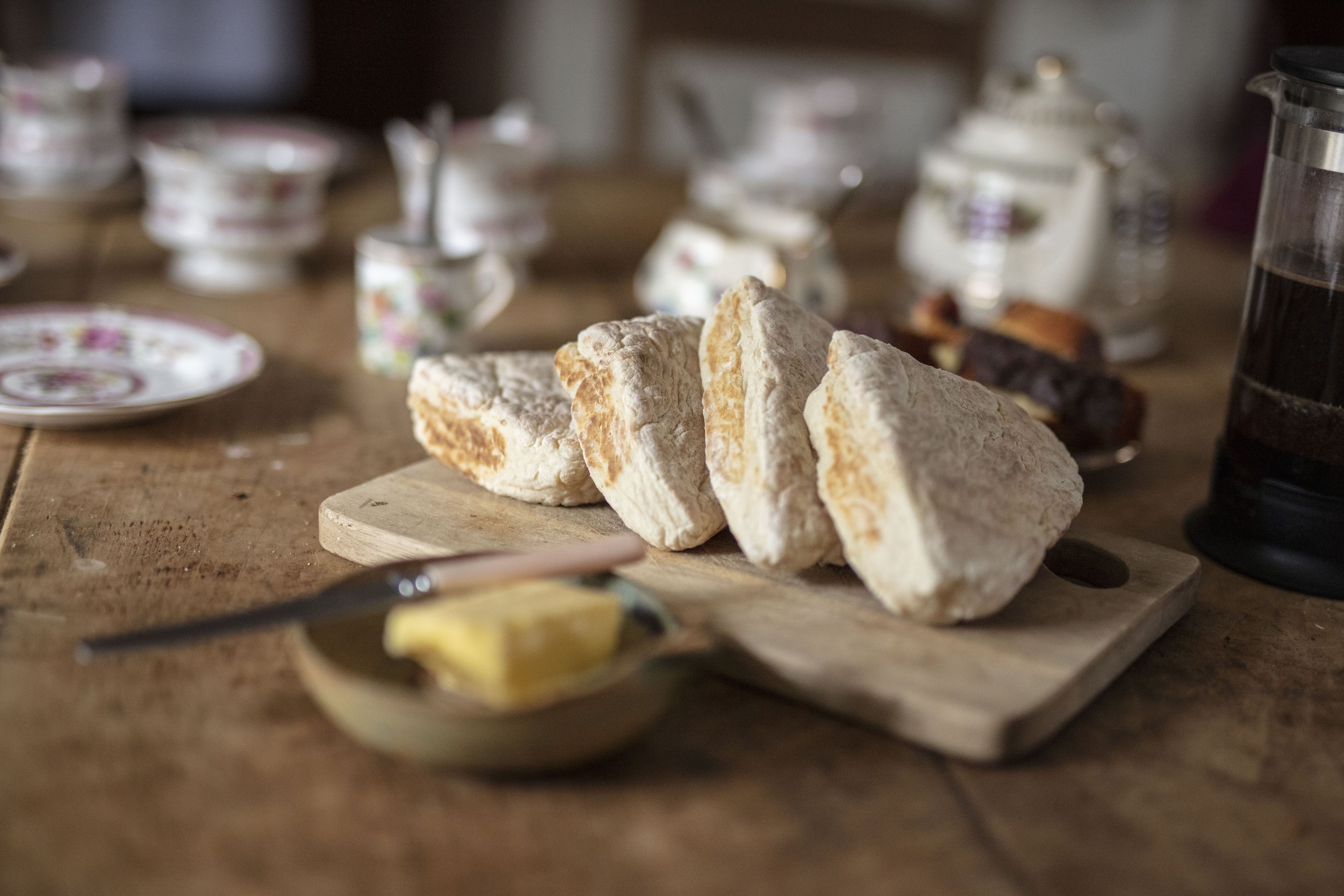 Fresh soda bread and butter on a table at Tracey's Farmhouse Kitchen, Strangford Lough, County Down.