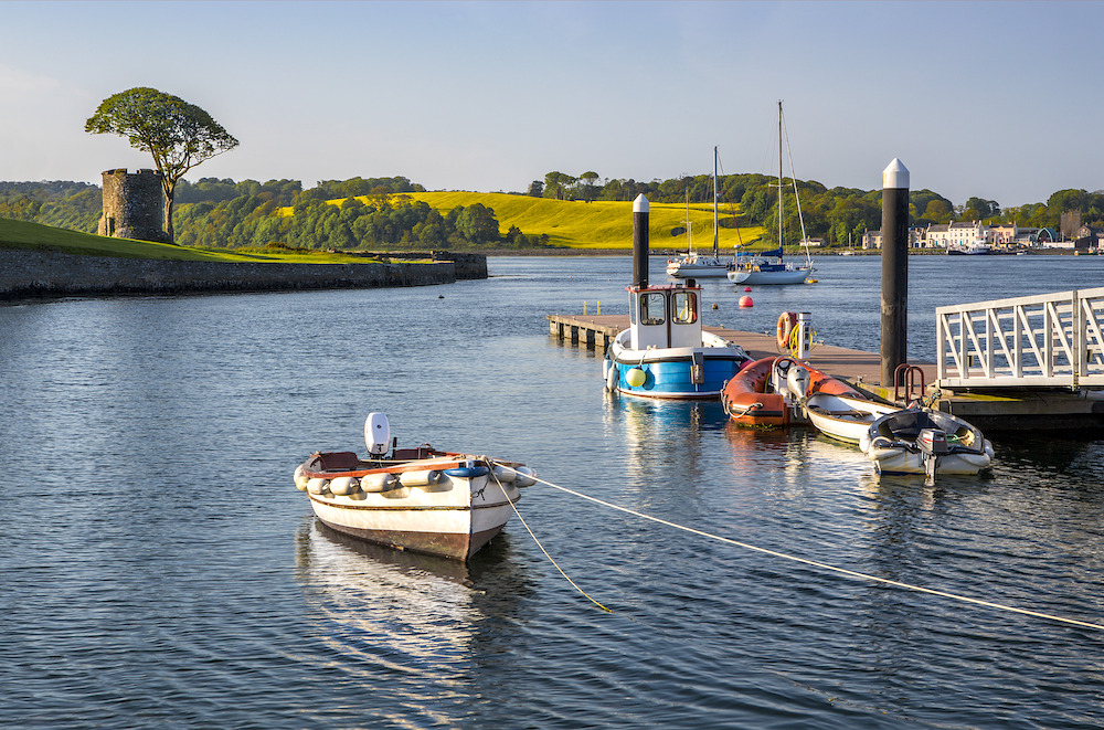 Boats moored at Strangford Marina on the scenic shores of Strangford Lough, Down.