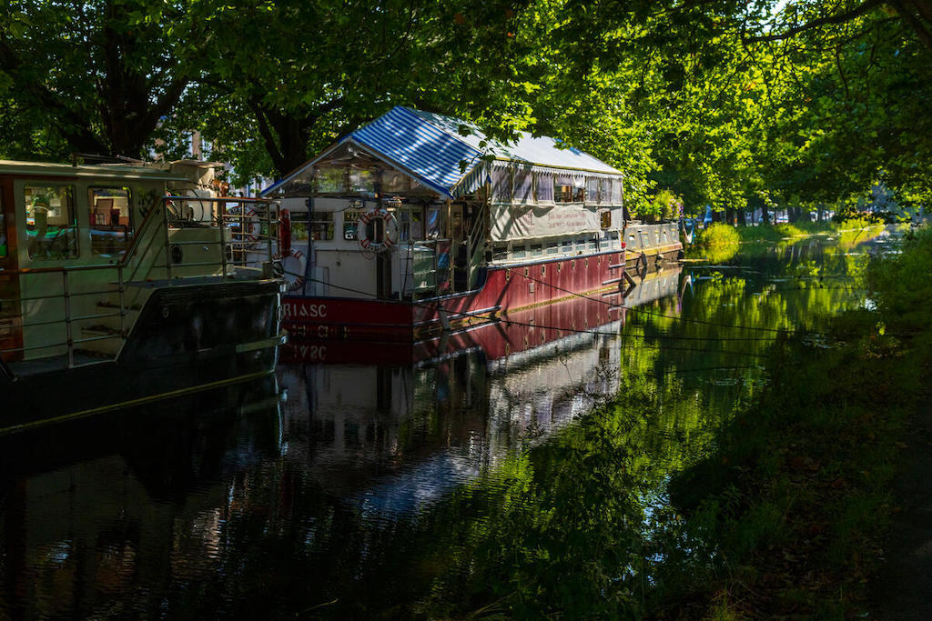 Boats moored along the leafy Grand Canal in Dublin, with sunlight filtering through the trees and reflecting on the calm water.