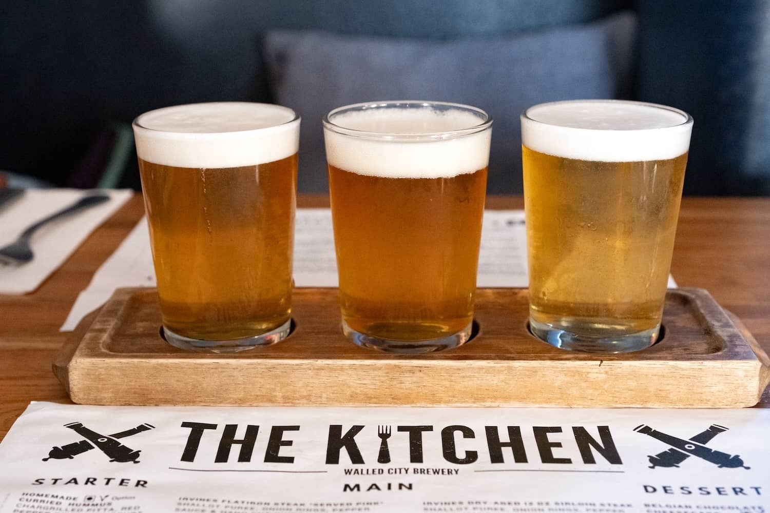 Craft beer tasting flight at Walled City Brewery in Derry-Londonderry.