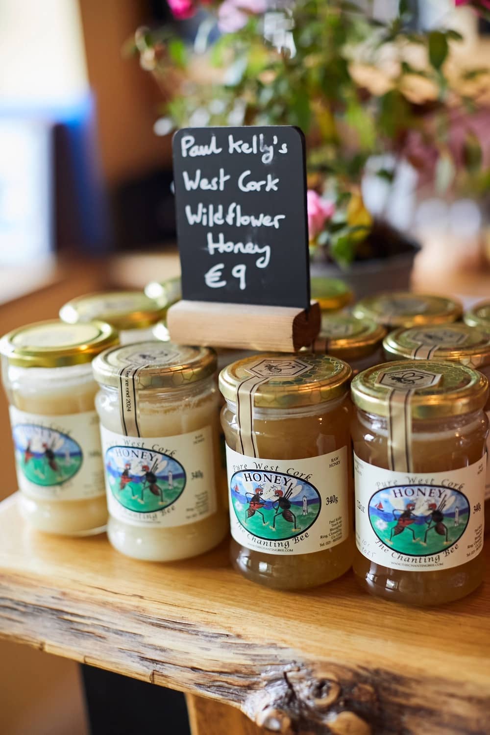 Jars of Paul Kelly’s West Cork wildflower honey on display at a market in Kinsale, County Cork.