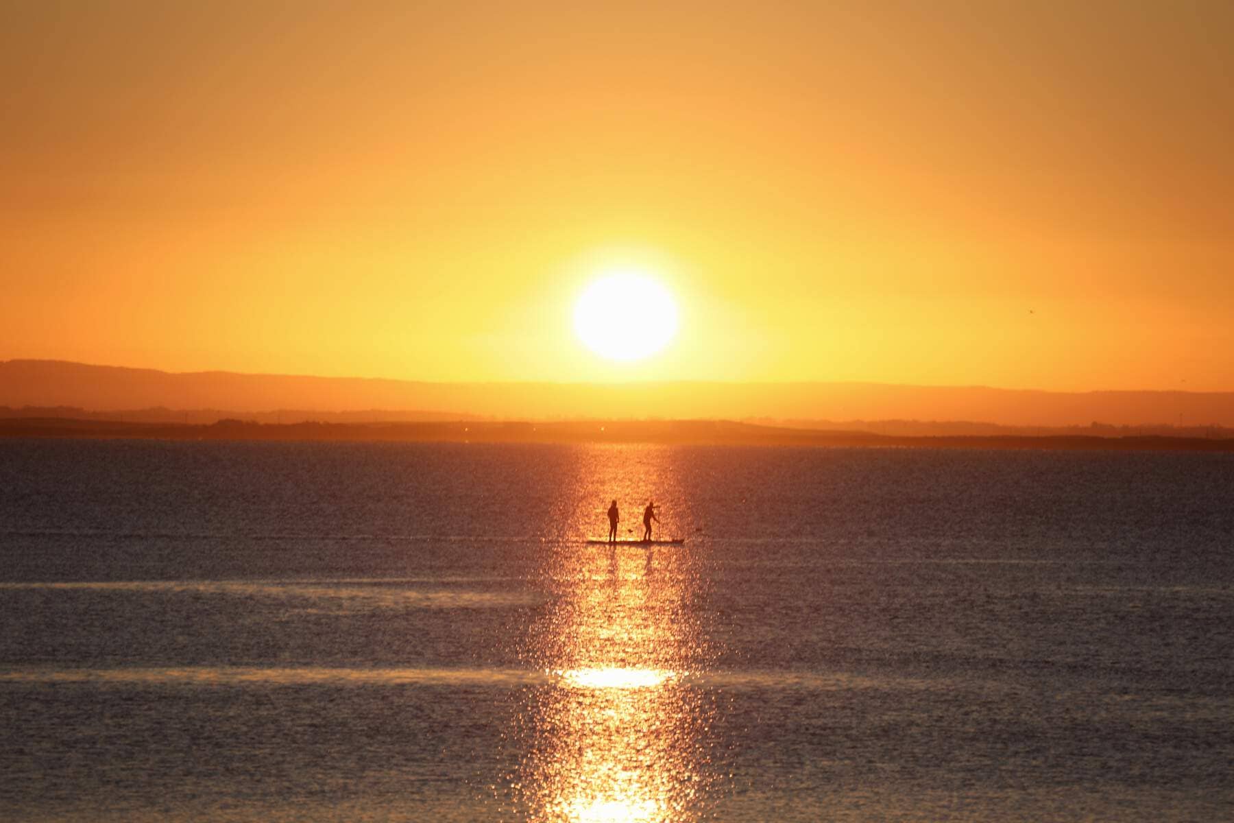 Two figures paddleboarding across shimmering water at sunset.