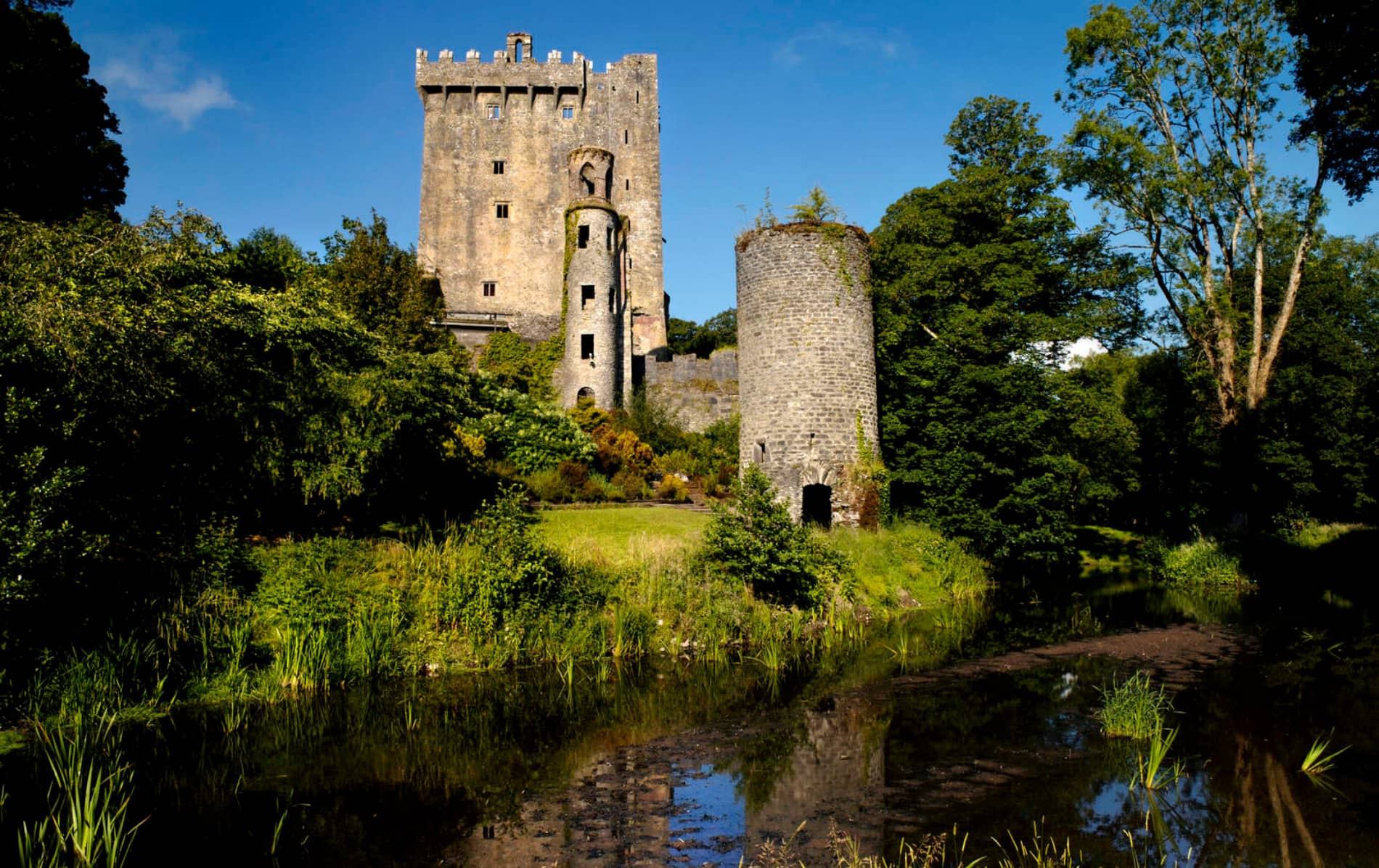 View of medieval Blarney Castle and tower reflected in a pond, surrounded by trees in County Cork.