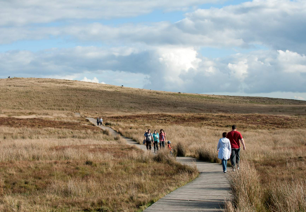 Walkers on the boardwalk trail across open moorland at Divis and Black Mountain.