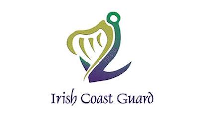 Irish Coast Guard logo featuring a stylised harp and anchor symbol in green and navy.