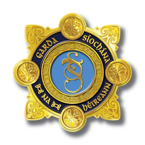 Badge of An Garda Síochána, Ireland’s national police service, featuring gold and blue Celtic designs.
