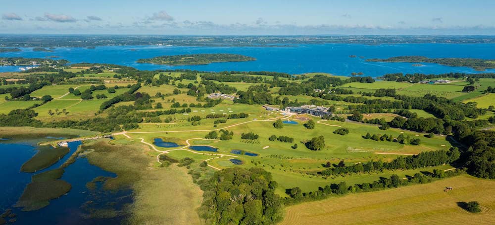 Aerial view of lush countryside and waterways along the route from Glasson to Tarmonbarry, County Westmeath.
