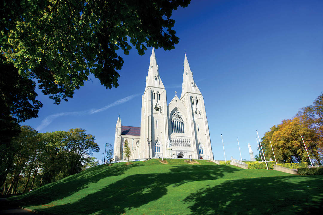 Twin spires of St Patrick’s Cathedral viewed from a leafy hill in Armagh city on a clear day.