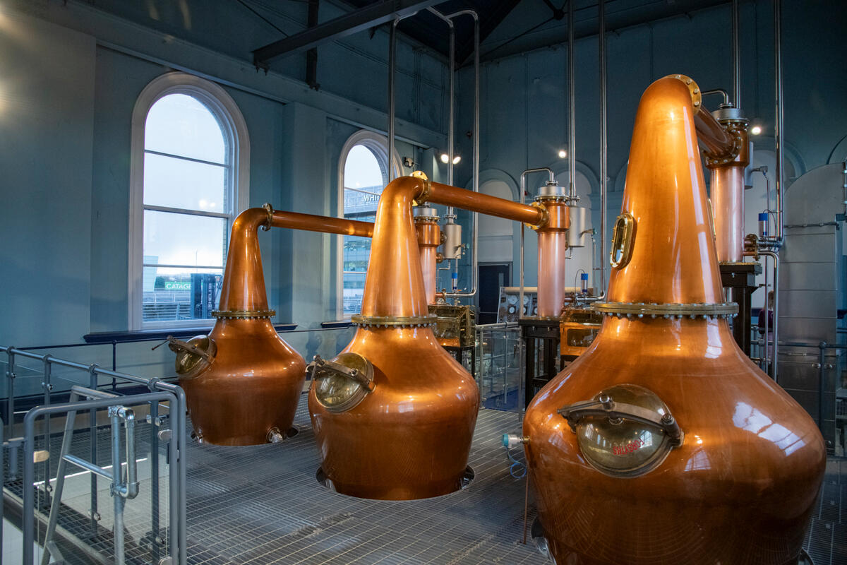 Koperen distilleerketels bij Titanic Distillers aan het Thompson Dock in Belfast.