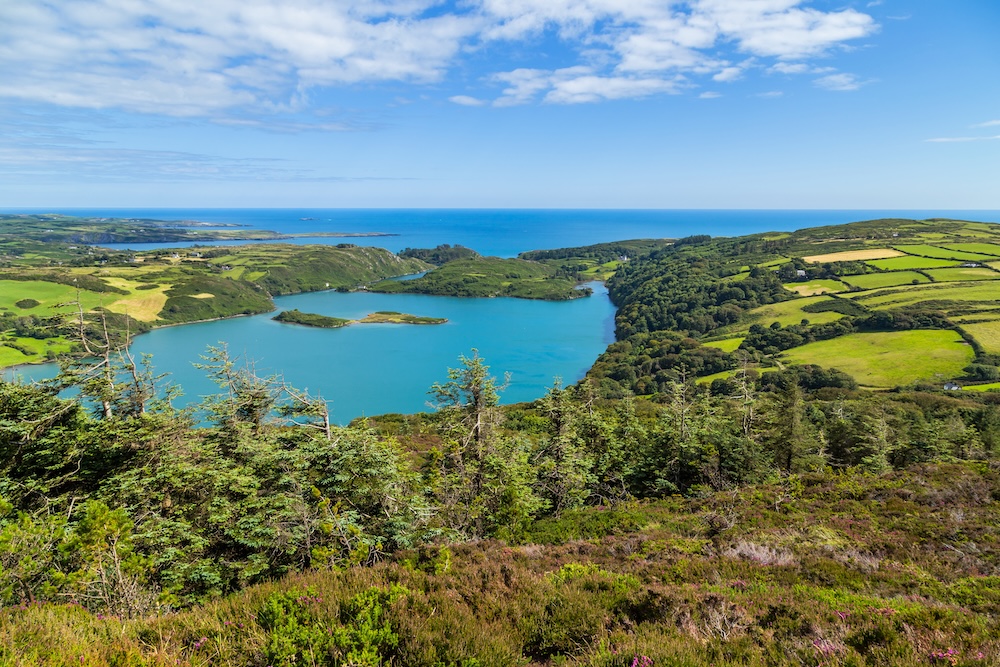 Scenic view over Lough Hyne nature reserve with woodland, islands and the Atlantic Ocean beyond. 